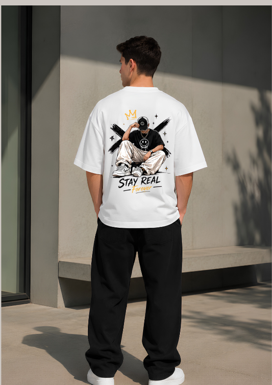 Stay Real Forever Oversized White Graphic T-Shirt for Men
