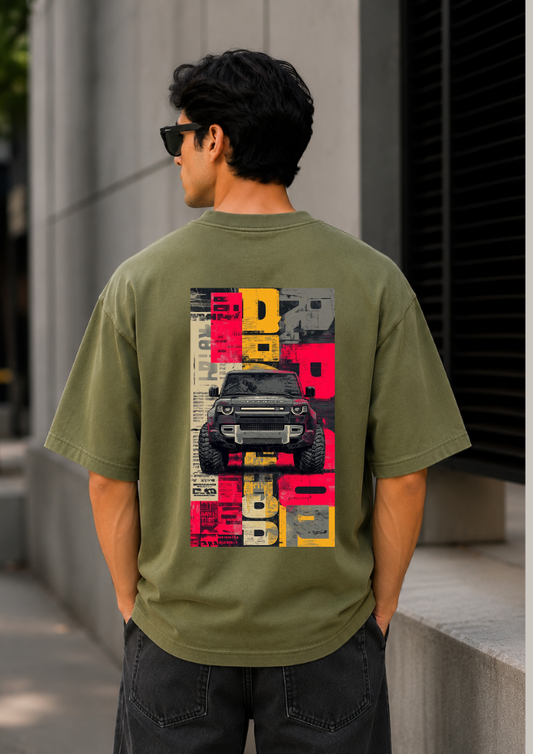 Men's Oversized Olive Green Back Graphic Printed T-Shirt | Round Neck Half Sleeve Streetwear