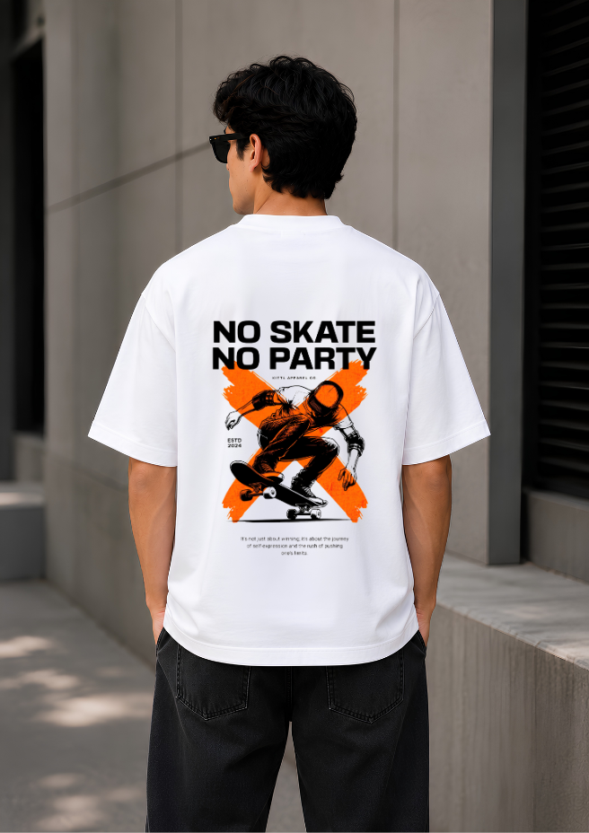 No Skate No Party Oversized White Graphic T-Shirt for Men | Premium Cotton Streetwear Tee