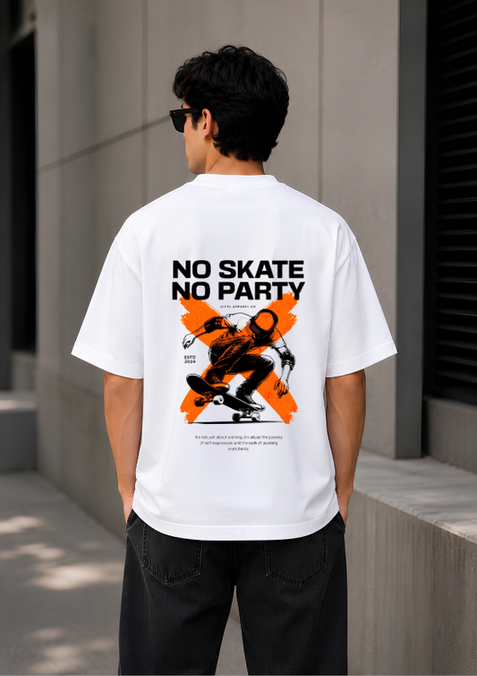 No Skate No Party Oversized White Graphic T-Shirt for Men | Premium Cotton Streetwear Tee