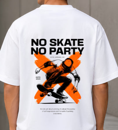 No Skate No Party Oversized White Graphic T-Shirt for Men | Premium Cotton Streetwear Tee