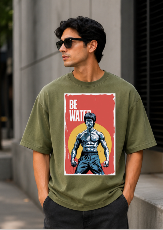 Bruce Lee "Be Water" Oversized Olive Green Graphic T-Shirt | Premium Cotton Streetwea