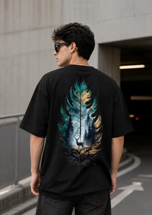 Mystic Forest Stag Graphic Oversized T-Shirt - 240 GSM Heavyweight Cotton