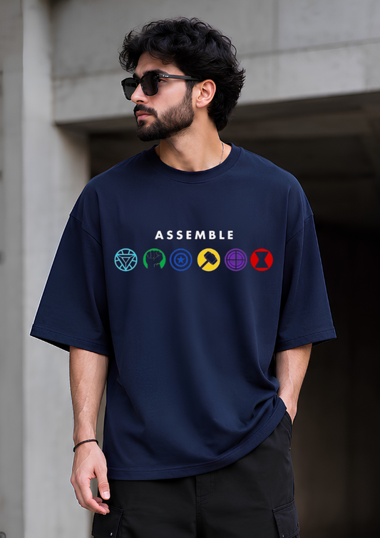 Avengers "ASSEMBLE" Graphic Oversized T-Shirt - Navy Blue