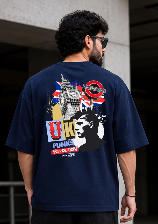 Men's Navy Blue London Skyline Graphic Tee - 240 GSM Pure Cotton Oversized Fit