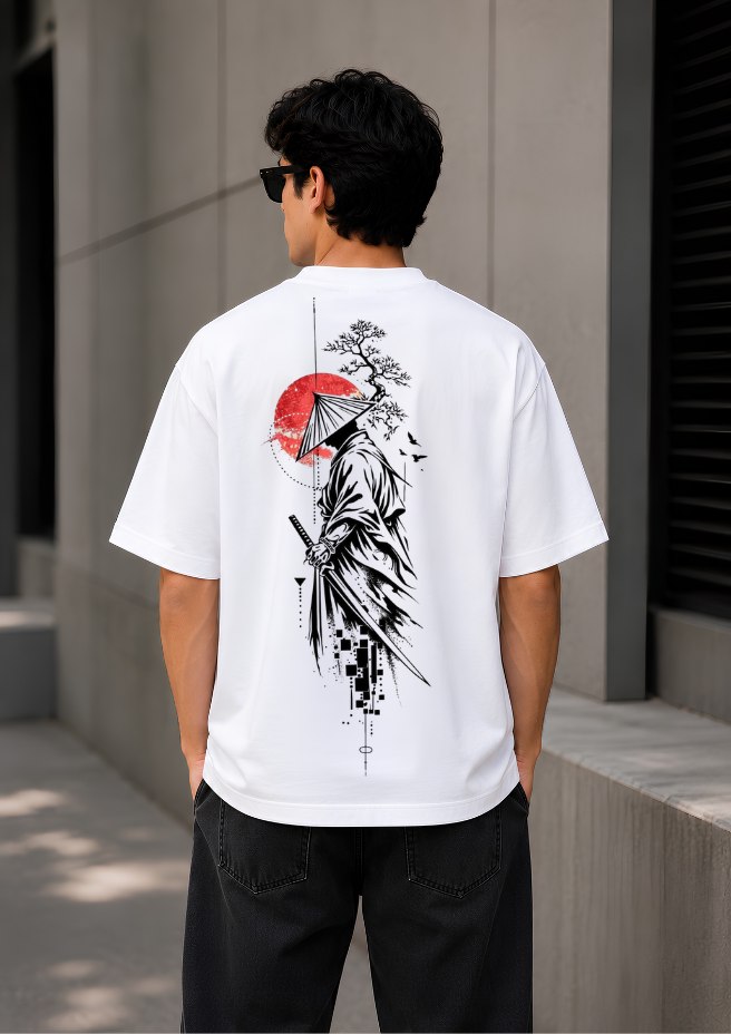 Men's Oversized White Graphic Printed T-Shirt | 240 GSM Premium Cotton | Samurai Japanese Streetwear | Drop Shoulder Half Sleeve