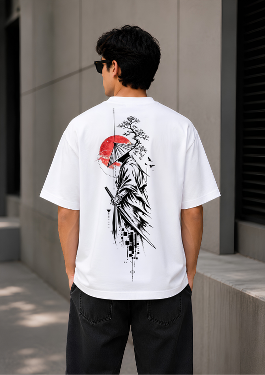 Men's Oversized White Graphic Printed T-Shirt | 240 GSM Premium Cotton | Samurai Japanese Streetwear | Drop Shoulder Half Sleeve
