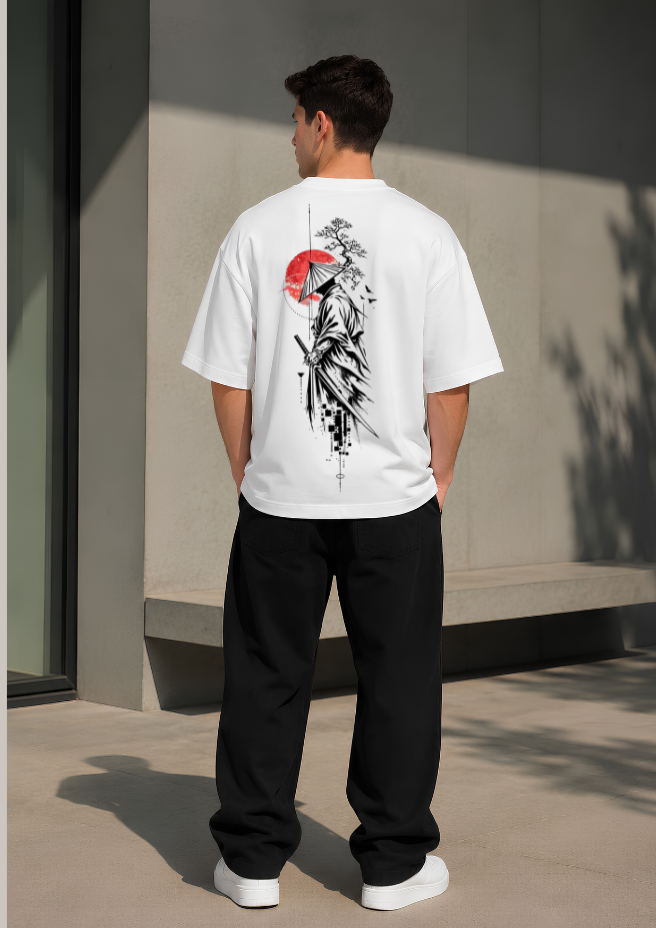 Men's Oversized White Graphic Printed T-Shirt | 240 GSM Premium Cotton | Samurai Japanese Streetwear | Drop Shoulder Half Sleeve