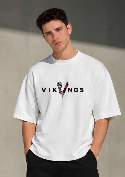 Men's Vikings Graphic Oversized T-Shirt | 240 GSM Premium Cotton | White Drop Shoulder Half Sleeve | Streetwear Casual Tee