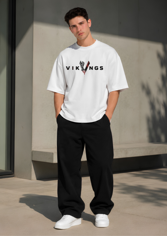 Men's Vikings Graphic Oversized T-Shirt | 240 GSM Premium Cotton | White Drop Shoulder Half Sleeve | Streetwear Casual Tee