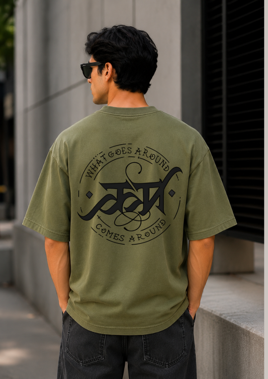 "Karma" Oversized Heavyweight Graphic Tee – Olive Green