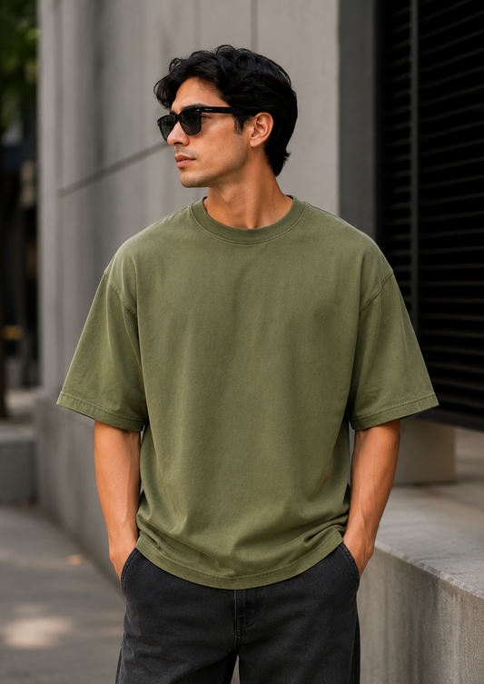 Men's Oversized Olive Green Back Graphic Printed T-Shirt | Round Neck Half Sleeve Streetwear